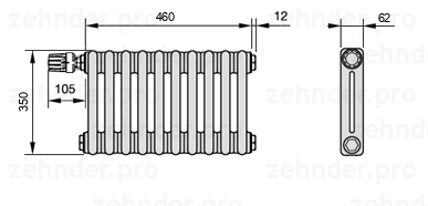 Схема (чертеж) Радиатор Zehnder Charleston 2035/10 №V012 Белый глянцевый RAL 9016
